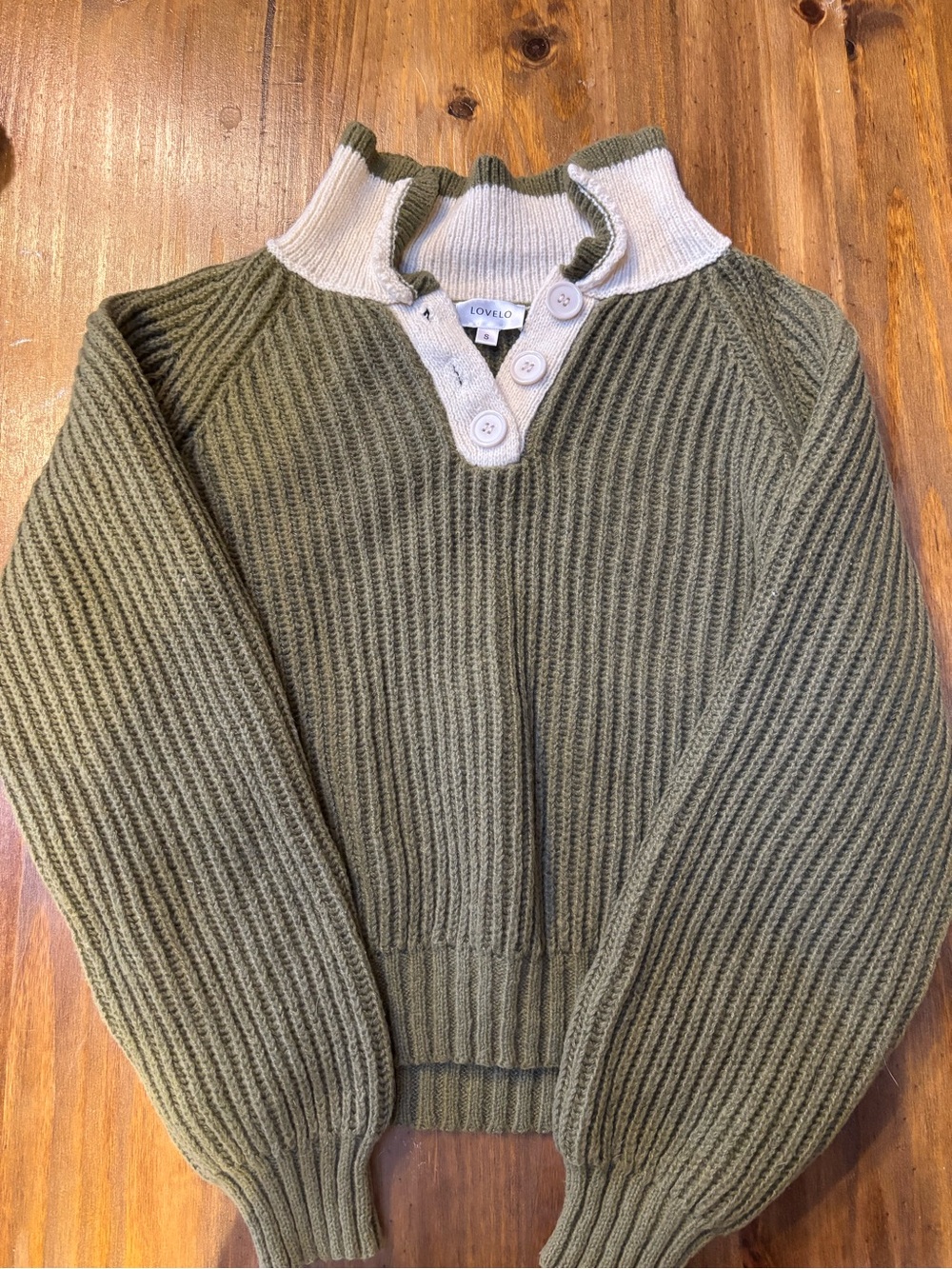Lovelo Olive & Cream Ribbed Button-Neck Turtleneck Sweater
